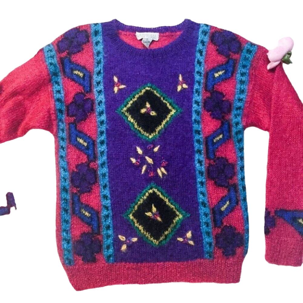 Vintage Lauren Cole Mohair Wool 80s Sweater Funky Size Petite Abstract Retro